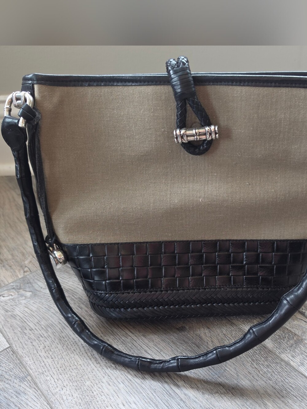 BRIGHTON Tan Canvas & Leather Handle Shoulder Bag Bamboo Basket Weave